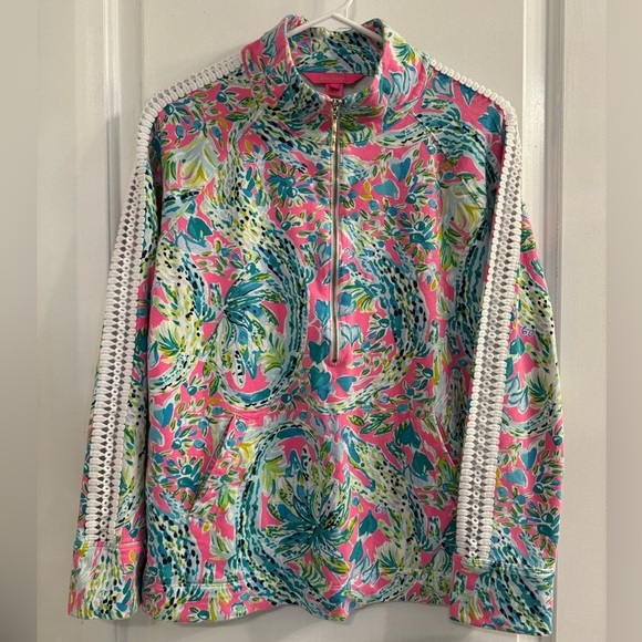 Lilly Pulitzer Tops - Lilly Pulitzer Skipper Popover Multi Snap Back Medium Pink Green Half Zip